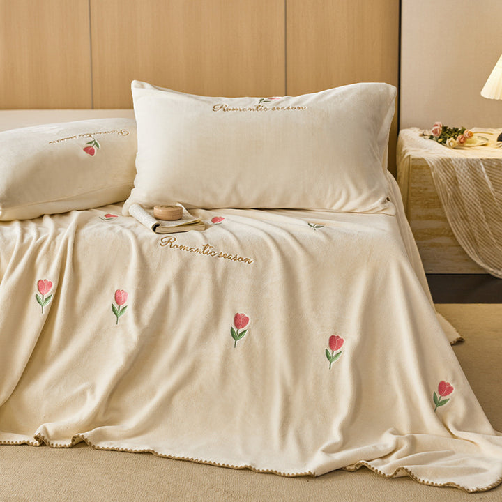 Plush Embroidered Tulip Velvet Bedspread and Matching Pillowcase Set