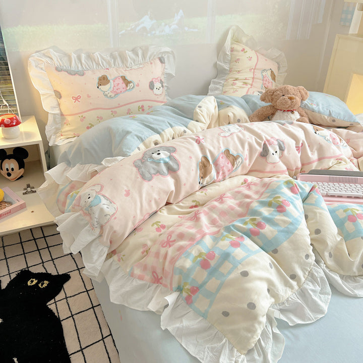 Ruffled Frilled Cotton Cartoon Animal Duvet Cover & Pillow Sham Set