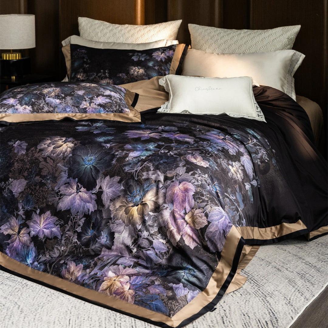 Luxurious Botanical Jacquard Sateen Duvet Cover Set with Contrast Hem & Hidden Closure