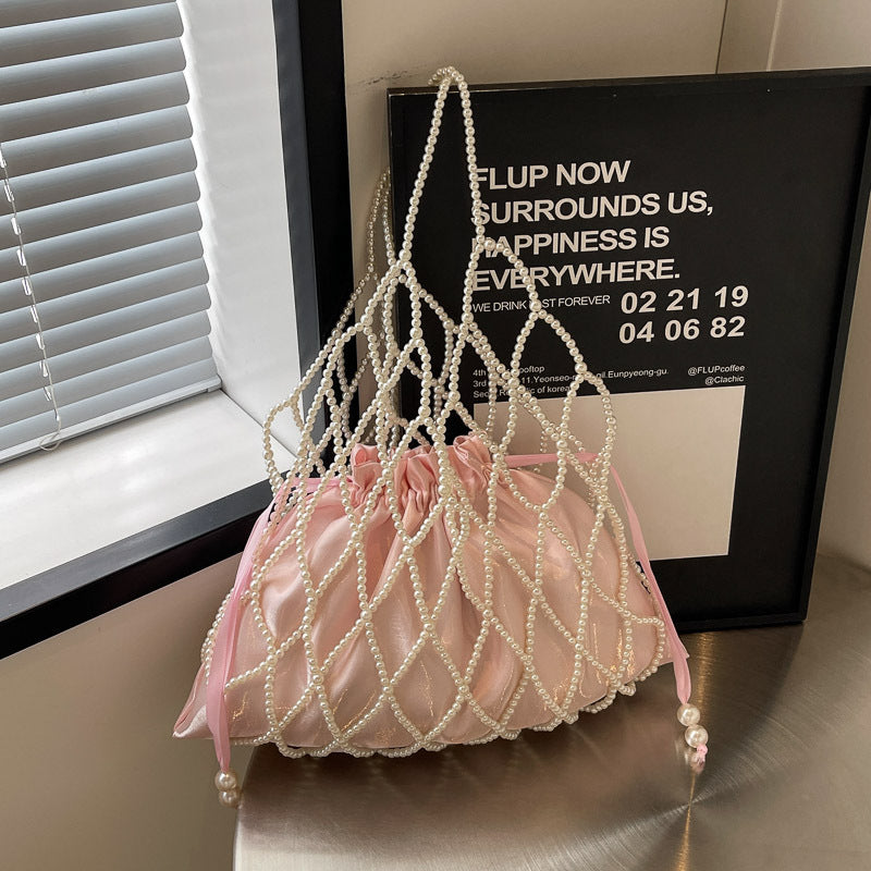 Pearl-Embellished Drawstring Evening Purse