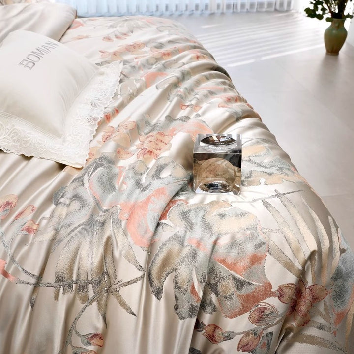 Luxury Botanical Satin-Feel Duvet Cover Set with Embroidered Gold Border and Reversible Sateen Backing