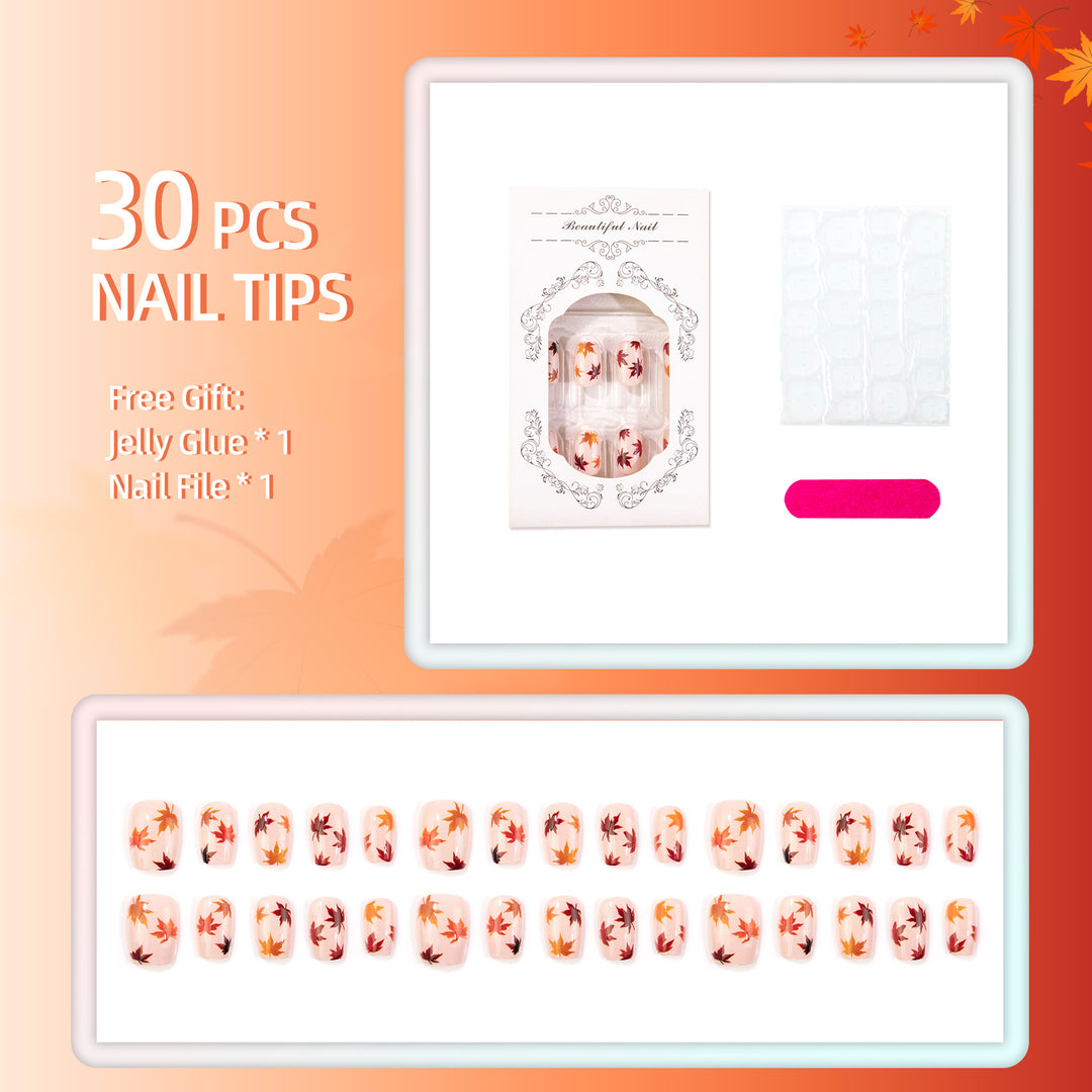 Manual Press-On Nail Art Set with Autumn Leaf Designs