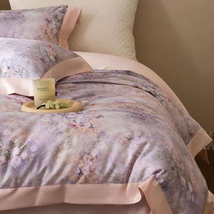 Floral Watercolor Cotton Sateen Duvet Cover Set with Contrast Hem