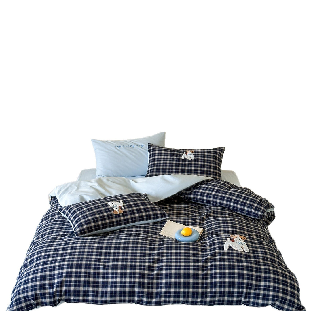 Reversible Plaid Cotton Duvet Cover Set with Puppy Appliqué