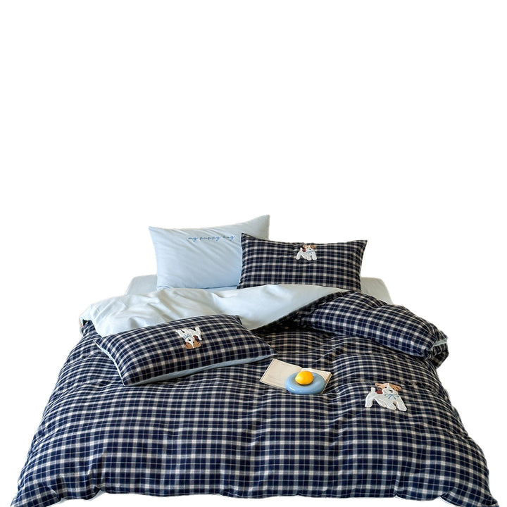 Reversible Plaid Cotton Duvet Cover Set with Puppy Appliqué