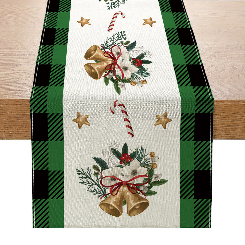 Holiday Buffalo-Check Cotton-Linen Decorative Table Runner with Golden Bells Wreath and Candy Cane Motif
