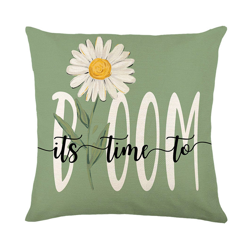 Botanical Daisy Spring Typography Linen-Texture Square Pillow Cover with Concealed Zipper