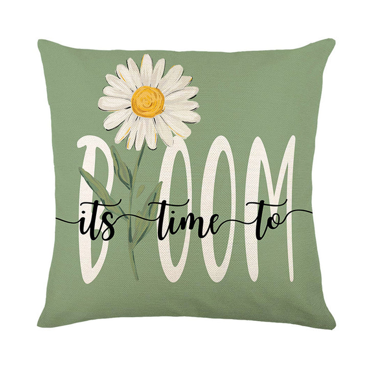 Botanical Daisy Spring Typography Linen-Texture Square Pillow Cover with Concealed Zipper