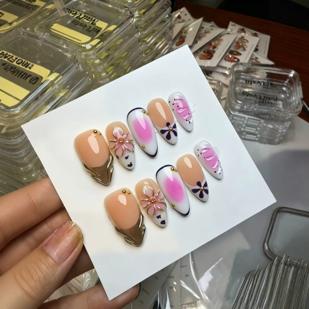 Decorative Press-On Nail Art Set with Floral and Butterfly Designs