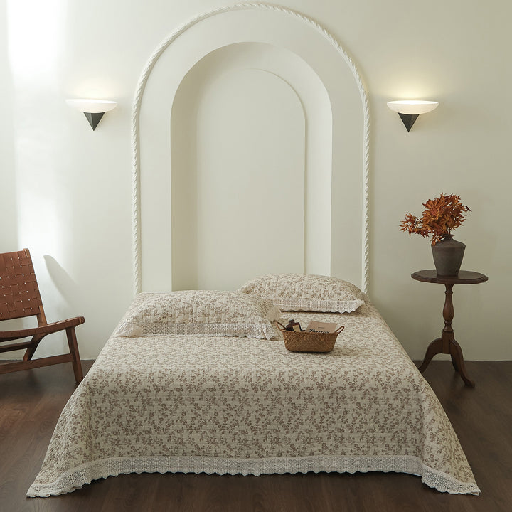 Hand-Quilted Vintage Floral Cotton Bedspread & Crochet-Edged Pillow Sham Set