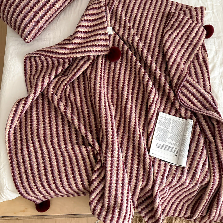 Oversized Striped Mohair Blend Scarf with Pom Pom