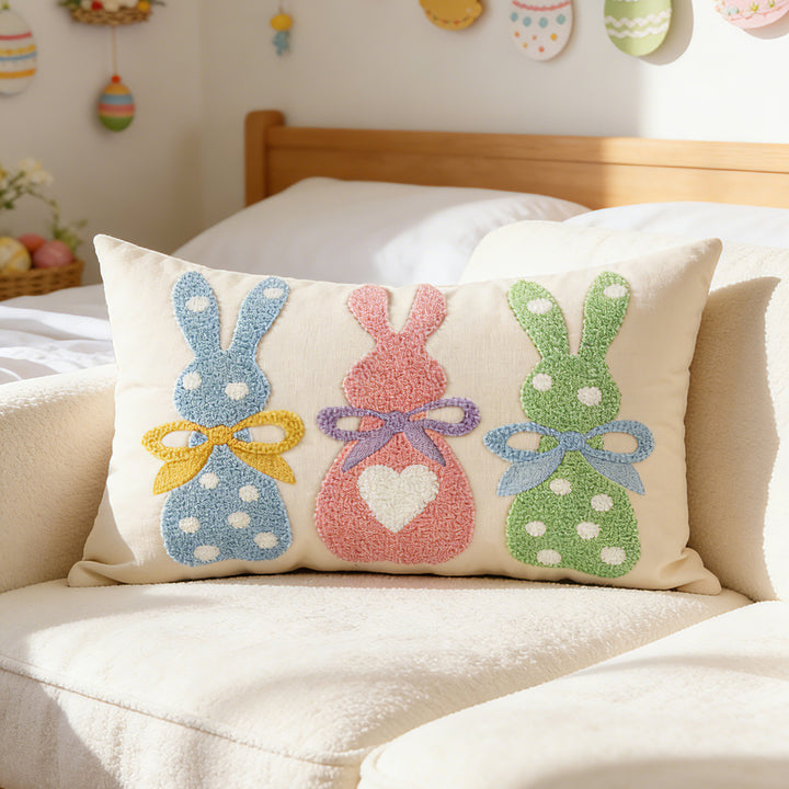 Tufted Bunny Appliqué Lumbar Throw Pillow Cover with Pom-Pom Tail