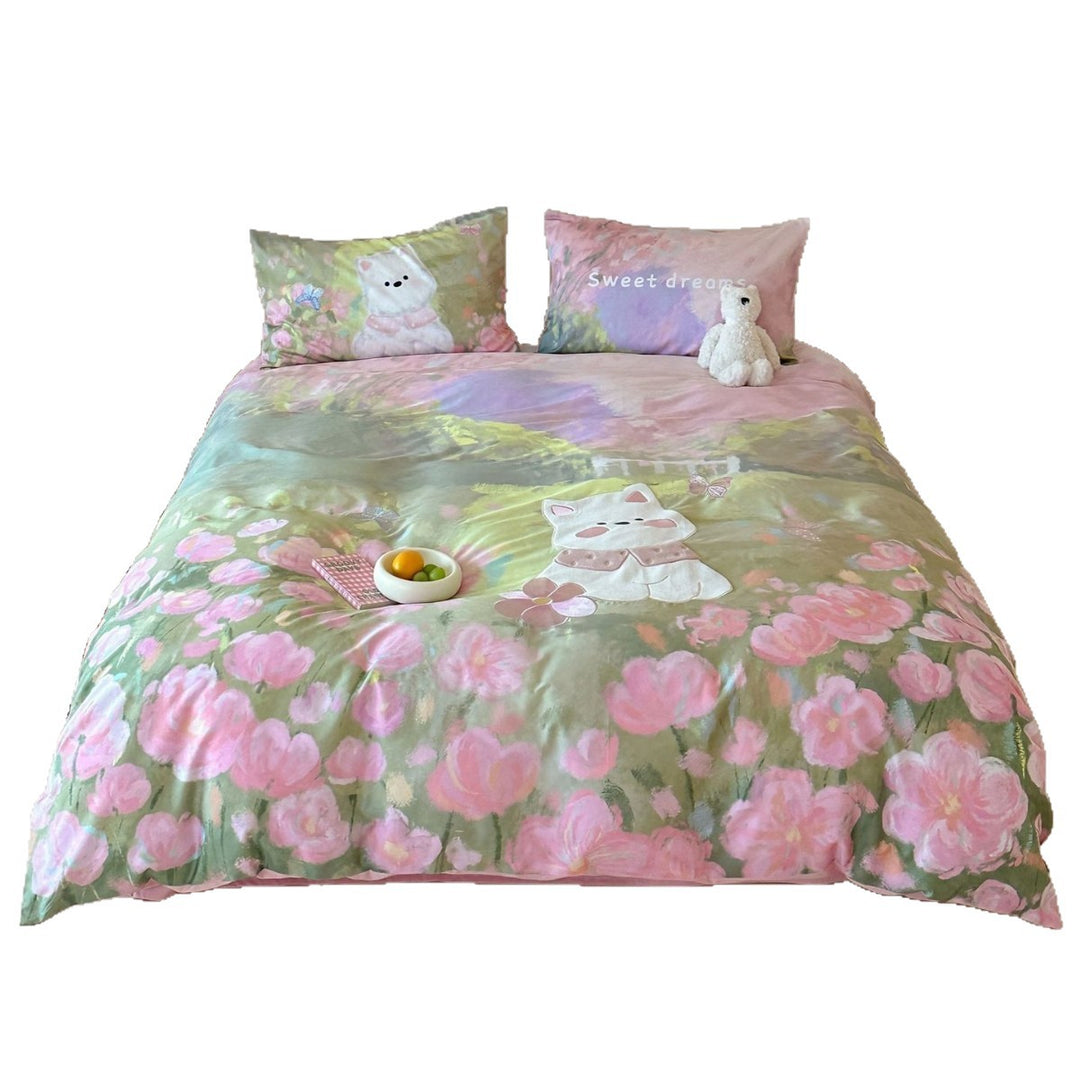 Floral Watercolor Cat Appliqué Duvet Cover Bedding Set with Reversible Pillowcases