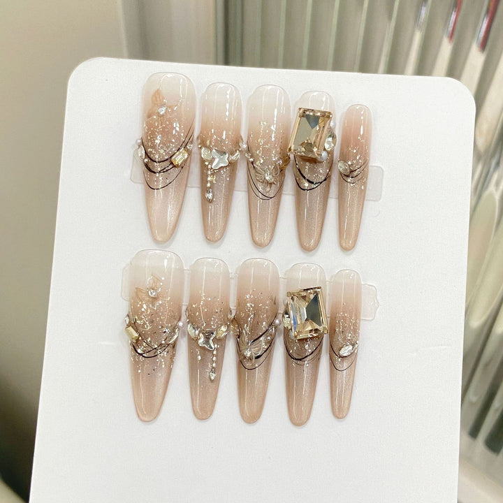 Elegant Almond-Shaped Press-On Nail Art Set with Rhinestone and Glitter Accents