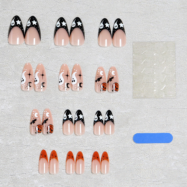 Halloween-themed artificial nails with ghost and pumpkin motifs Stornfield