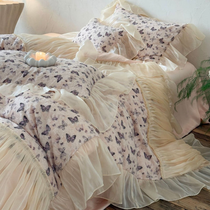 Romantic bedding set made of cotton satin with butterfly print, frill and chiffon ruffles
