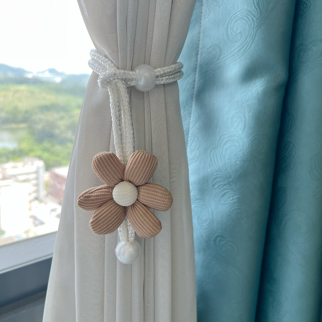 Fabric Flower Curtain Tieback with Braided Rope and Faux Pearl Accent