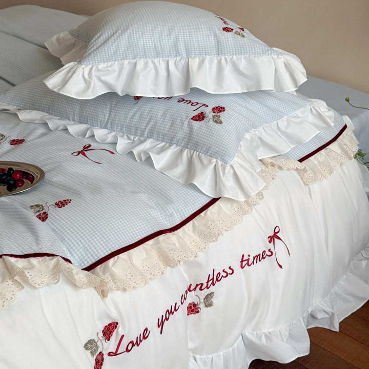Ruffled Embroidered Cotton Duvet Cover Set with Romantic Rose Motif & Lace-Trim Pillow Shams
