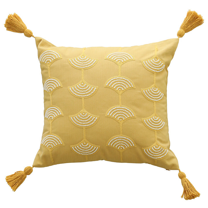 Embroidered decorative pillow with tassels and geometric pattern Stornfield