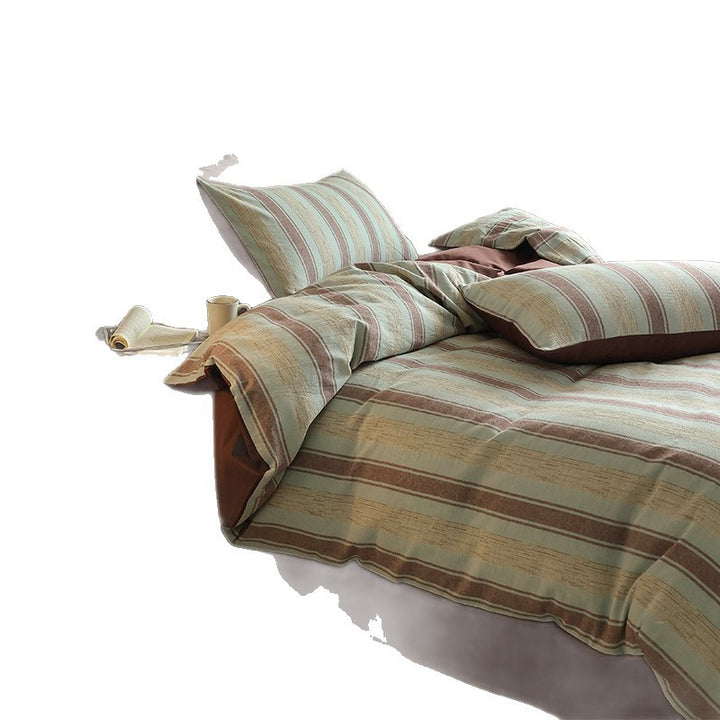 Striped Textured Cotton-Linen Reversible Duvet Cover Set with Pillow Shams