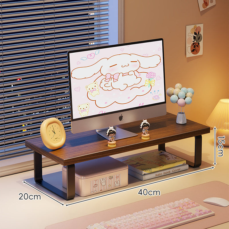 Low-Profile Wooden Monitor Riser with Metal Legs and Under-Shelf Storage