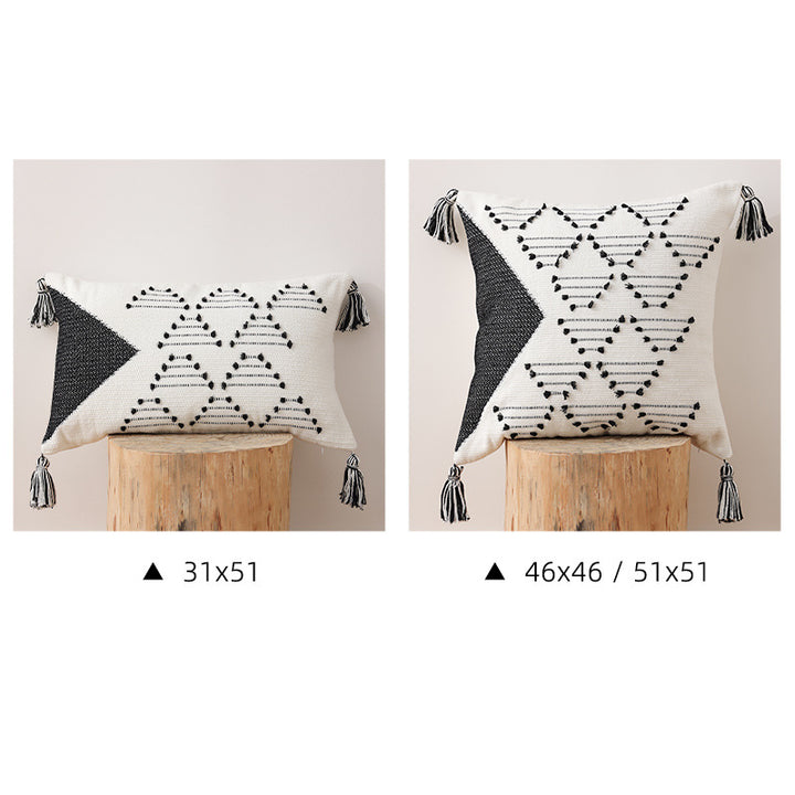 Woven decorative cushion cover with geometric tuft pattern, tassels and concealed zipper