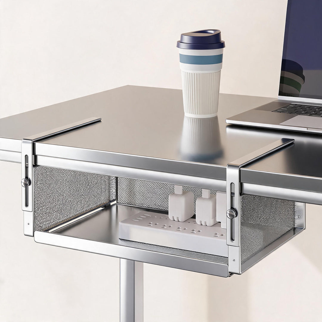 Under-Desk Adjustable Power Strip and Cable Management Tray with Clamp Mount