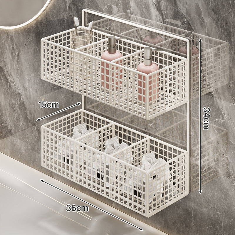 Wall-Mounted Metal Grid Bathroom Caddy with Triple Compartments Hooks and Drainable Base