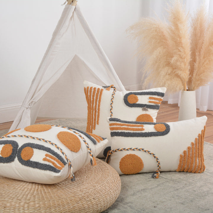 Hand-Tufted Geometric Accent Pillow Cover and Insert Set with Braided Tassel Detail