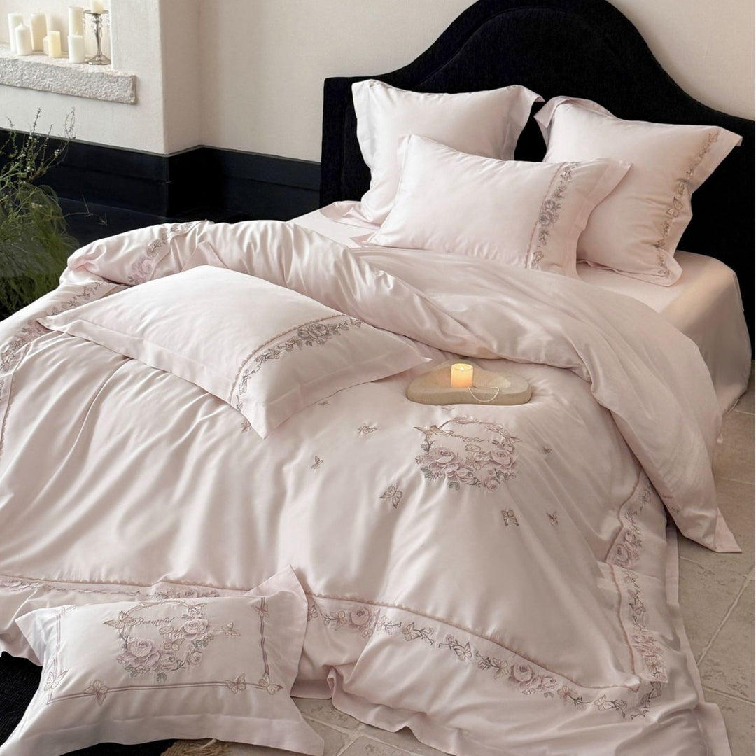 Satin bedding set with embroidered rose border and fine silk shine