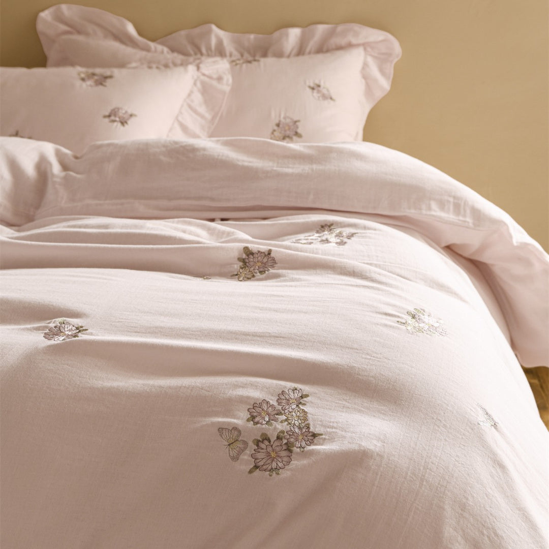 Embroidered Botanical Cotton-Linen Blend Ruffled Pillow Sham Duvet Cover Set