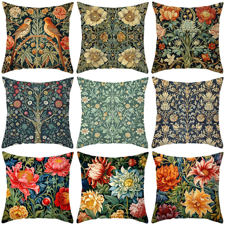 Vintage Botanical Tapestry-Style Cotton-Linen Square Throw Pillow Cover