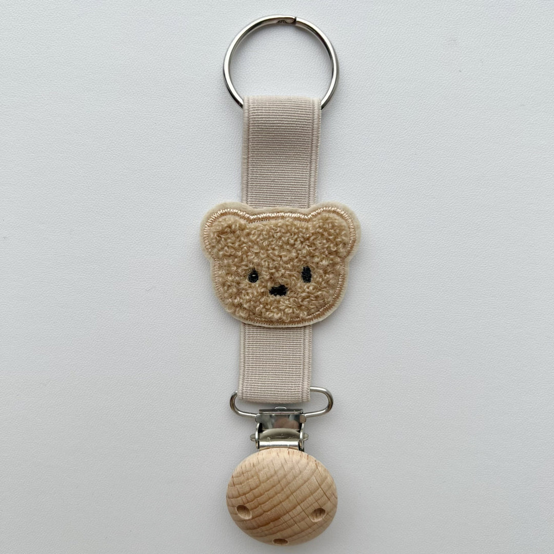 Embroidered Teddy Pacifier and Teether Clip with Wooden Safety Clamp