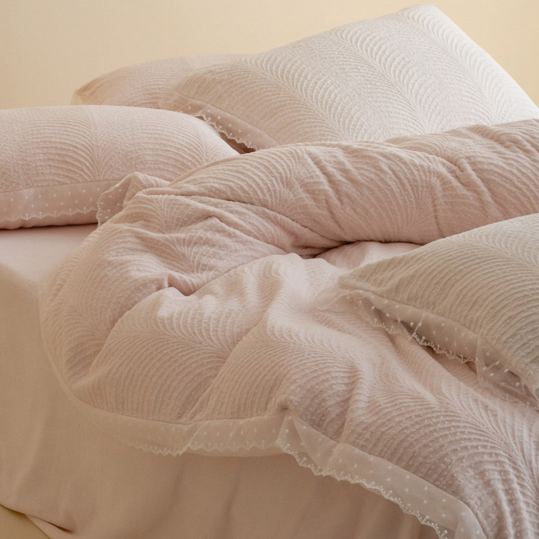 Quilted Wave-Textured Duvet Cover Set with Lace-Trim Shams