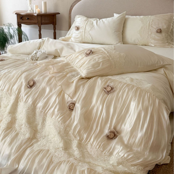 Satin duvet cover set with fine gathers, lace border and 3D rose appliqués