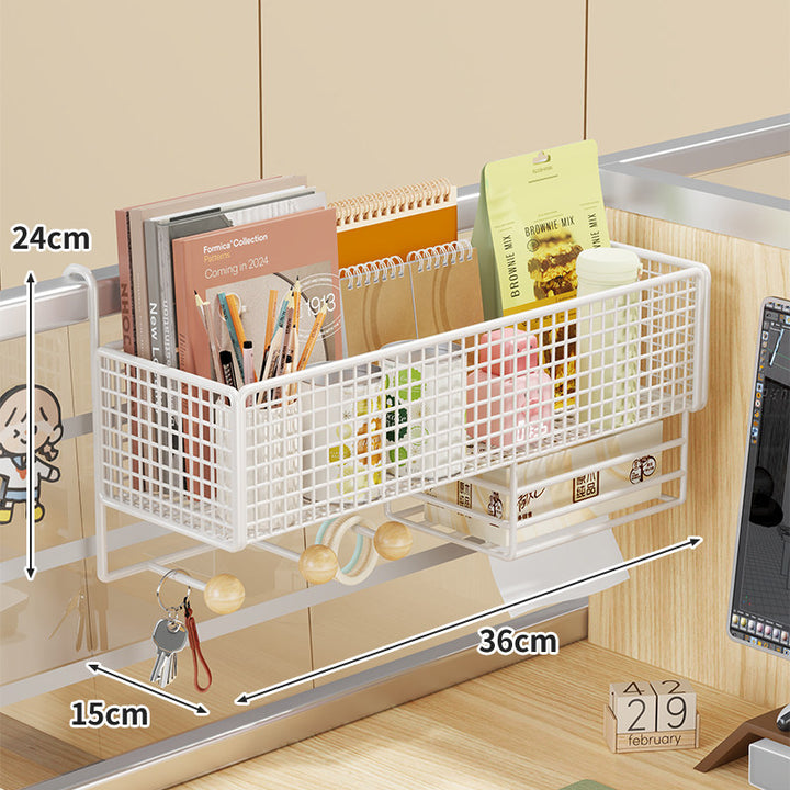 Desk Rail-Mounted Mesh Organizer Basket with Hooks