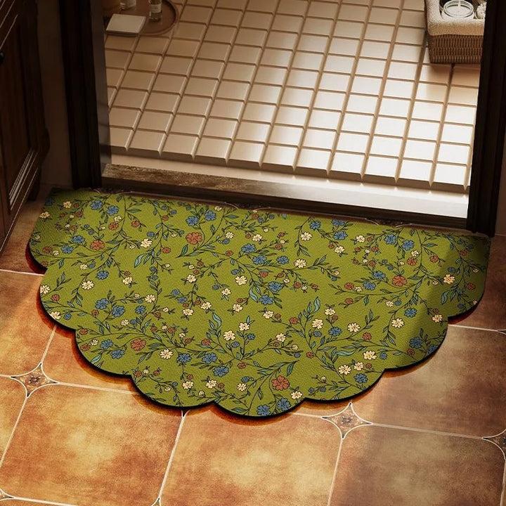 Floral Pattern Scalloped Bath Mat for Bathroom