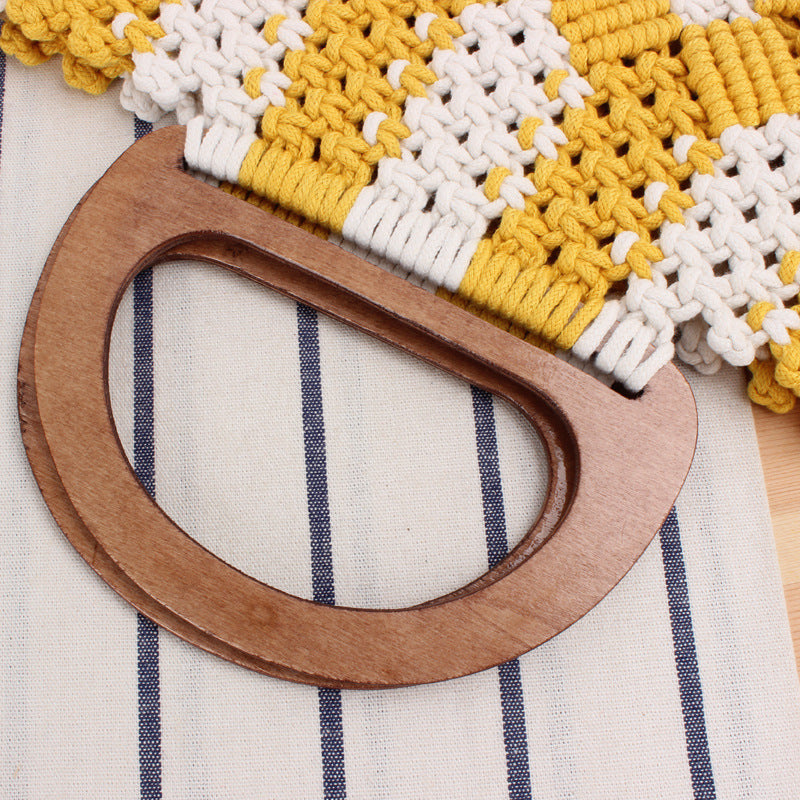 Macrame Tote Bag with Wooden Handles and Floral Details Stornfield