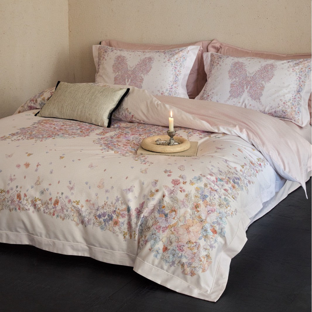 Butterfly Floral Reversible Cotton Sateen Duvet Cover Set with Pillow Shams