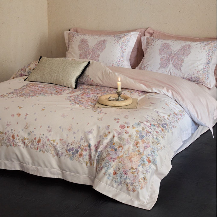 Butterfly Floral Reversible Cotton Sateen Duvet Cover Set with Pillow Shams