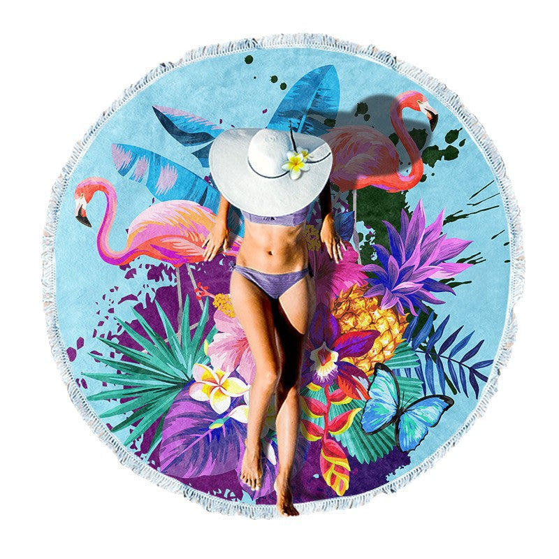 Round beach towel with tropical leaf print and fringe decoration Stornfield