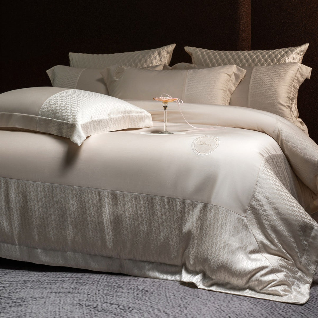 Silk-Feel Jacquard Sateen Duvet Cover Set with Embroidered Crest & Bed Skirt
