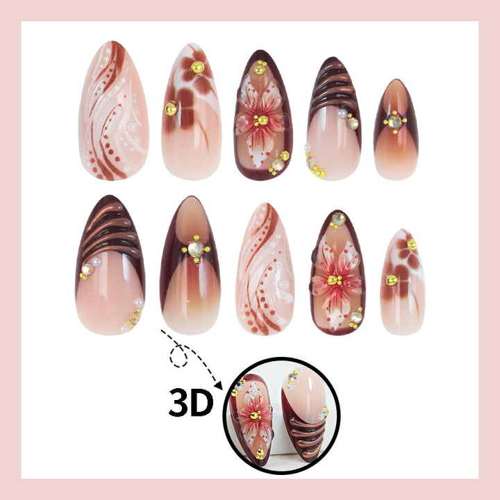Acrylic nail set with 3D flower decorations and elegant patterns Stornfield