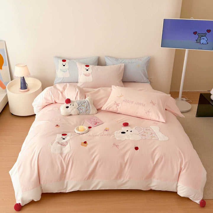 Embroidered Plush Bear Cotton Duvet Cover Set