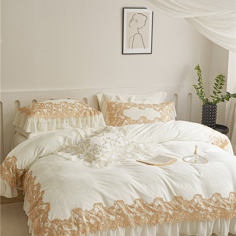 Luxury bedding set with lace trim and ruffle
