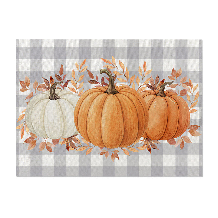 Rectangular Linen-Texture Table Placemat with Watercolor White Pumpkin & Fall Foliage Print