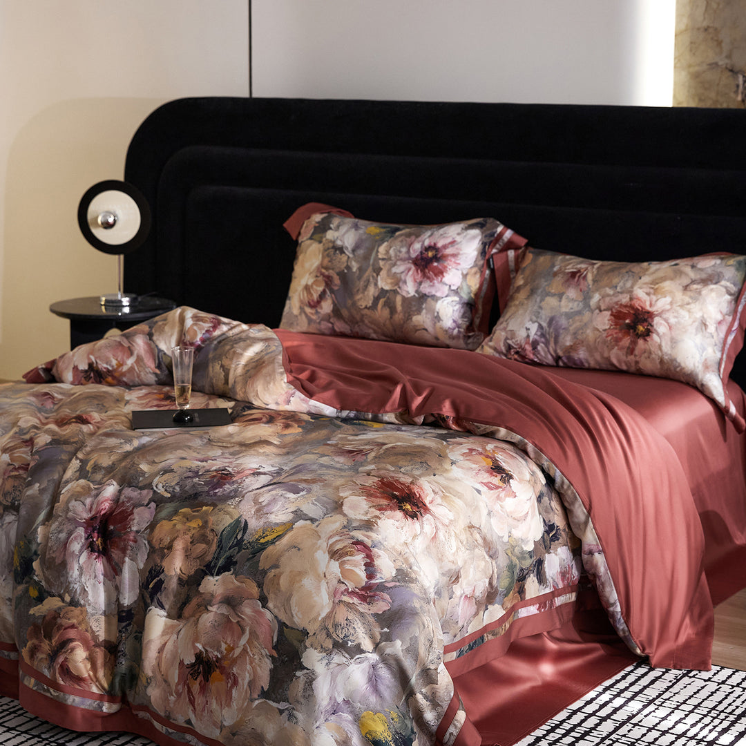 Painterly Floral Satin-Blend Reversible Duvet Cover Set with Luxury Pillow Shams
