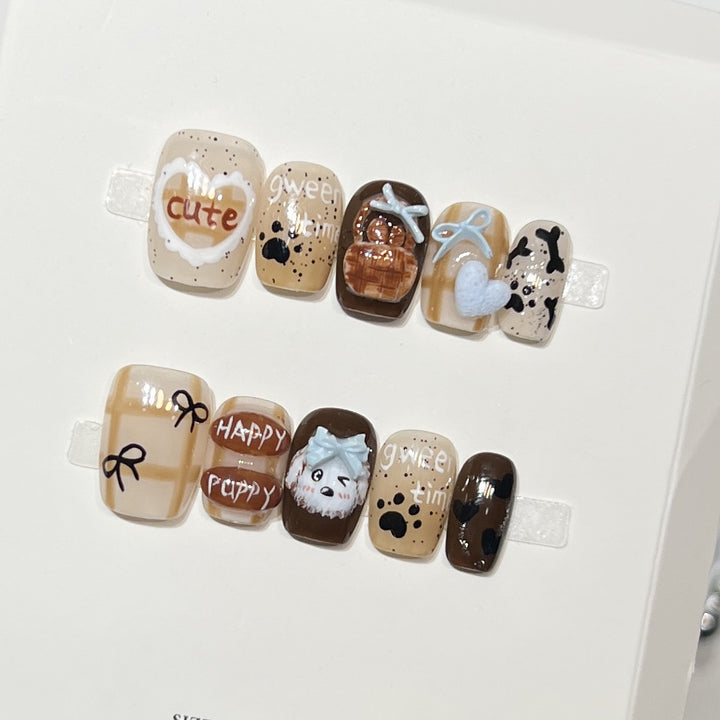 Playful Cartoon Dog-Themed Press-On Nail Art Set Stornfield
