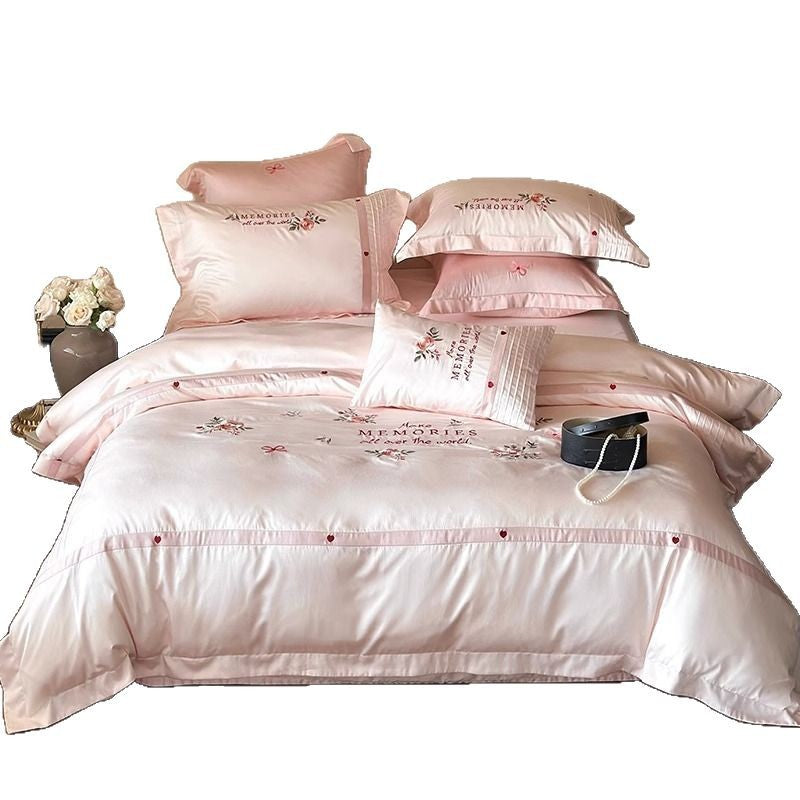 Embroidered Floral Cotton-Sateen Duvet Cover Set with Pintuck Accent Shams
