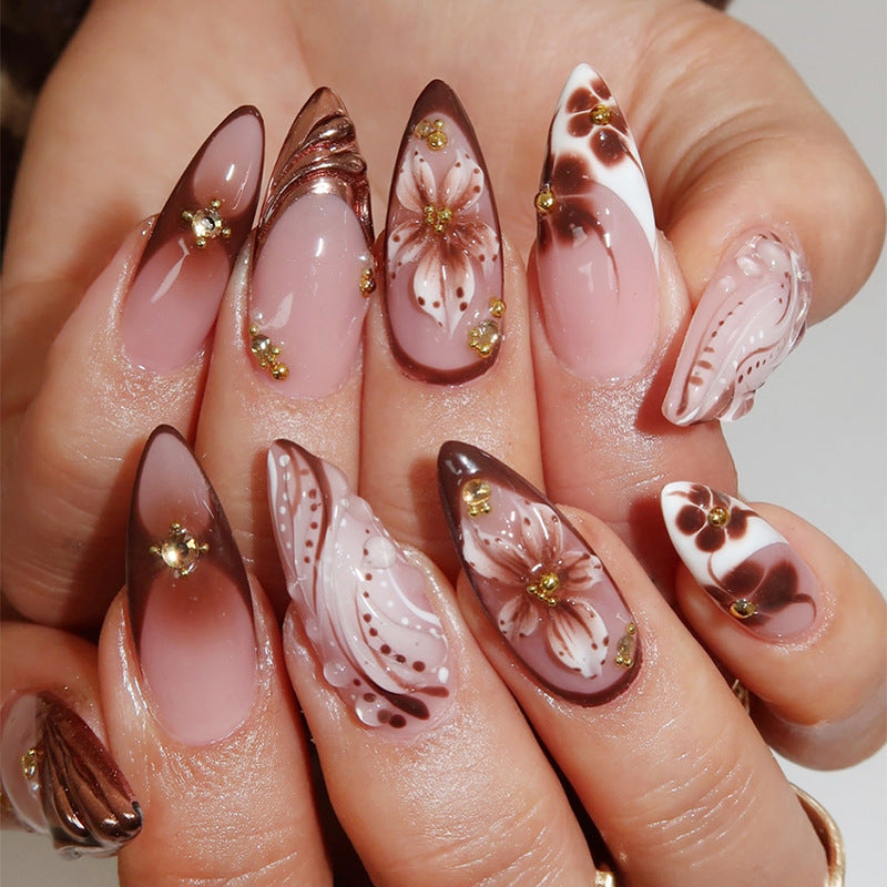 Decorative Press-On Nail Set with Intricate Floral and Ombre Design Stornfield